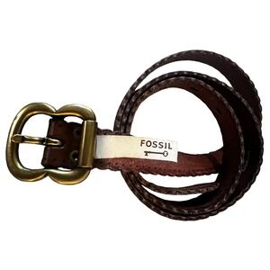 Fossil Women's Brown Leather Belt Scalloped Edge Brass Buckle Size Medium 32-34